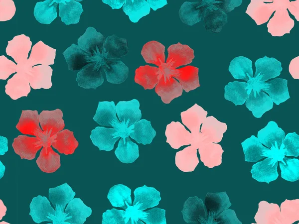 Hawaii suluboya deseni. Çivit mavisi, tropikal, dikişsiz iz. Hibiscus ve zakkum Hawaii 'de. Aloha mayo tasarımı. Egzotik buket moda illüstrasyonu. Suluboya yatay fayans.