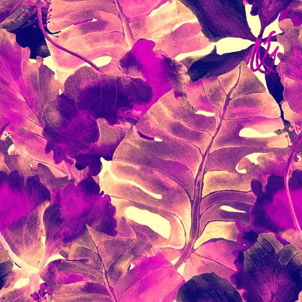 Tropický Vzorec Akvarel Exotické Květiny Listy Příšery Palm Hibiscus Džungle — Stock fotografie