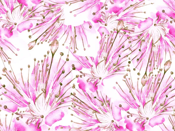 Kalın Çiçek deseni. Pembe ve Sarı Arkaplanda Büyük Hawaii Kusursuz Parmak izi. Büyük Orman Yaz Aquarelle Tutku Meyvesi Sonsuz Arkaplan. Kalın Çiçek Tasarımı.