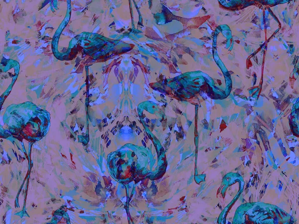 Boho Flamingo Абстрактный Бесшовный Шаблон Экзотическая Птичья Текстура Синего Индиго — стоковое фото