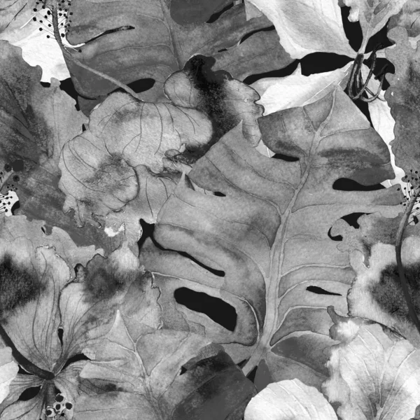 Padrão Tropical Aquarela Flores Exóticas Folhas Monstera Palma Hibiscus Selva — Fotografia de Stock