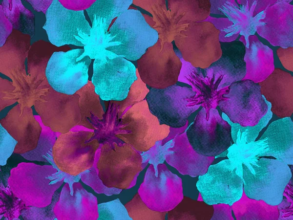 Hawaiiaans Aquarelpatroon Indigo Blauwe Bloemen Tropische Naadloze Print Hibiscus Oleander — Stockfoto