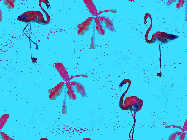 Large hipster flamingo blue hawaiian seamless pattern. Spring saturated watercolor t-shirt print. Minimalistic geometric swimwear background with wild fowls. Watercolour horizontal tile.