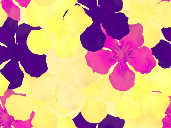 夏威夷水彩图案 黄色橙色花热带无缝印花 夏威夷的Hibiscus和Oleander阿罗哈泳衣设计 异国情调的花束时尚图解 水彩画水平瓷砖 — 图库照片