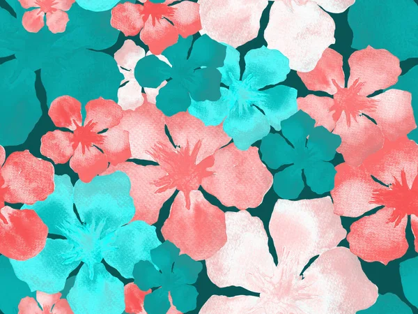 夏威夷水彩图案 彩虹热带无缝印花 夏威夷的Hibiscus和Oleander阿罗哈泳衣设计 异国情调的花束时尚图解 水彩画水平瓷砖 — 图库照片