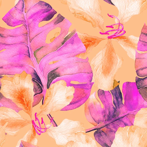 Egzotik desen. Suluboya tropik çiçekler ve canavar yaprakları. Palm ve Hibiscus bitkileri kusursuz desende. Bahar Hawaii suluboya geçmişi. Tropik palmiyeler, canavarlar, çiçek desenleri..