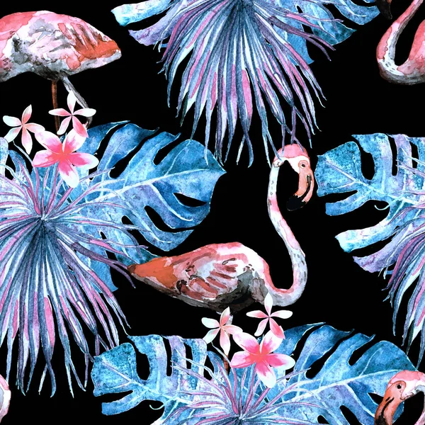 Flamingo deseni. Tropik yaz mavi baskısı. Kuşlarla dolu egzotik bahar tekstil arka planı. Moda Hawai Ormanı tekrar eden pürüzsüz fayanslar. Palm Botanik mayo tasarımı. Miami Vahşi Hayatı.