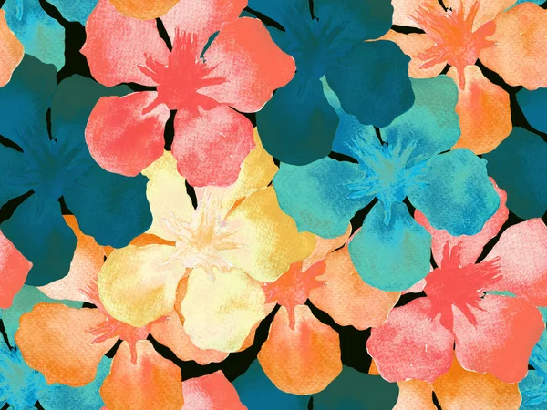 Hawaii suluboya deseni. Pembe kırmızı tropikal desensiz çiçek deseni. Hibiscus ve zakkum Hawaii 'de. Aloha mayo tasarımı. Egzotik buket moda illüstrasyonu. Suluboya yatay fayans.