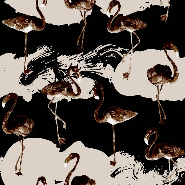Flamingo deseni. Tropikal yaz siyah baskısı. Kuşlarla dolu egzotik bahar tekstil arka planı. Moda Hawai Ormanı tekrar eden pürüzsüz fayanslar. Çizgili botanik mayo tasarımı. Miami Vahşi Hayatı.