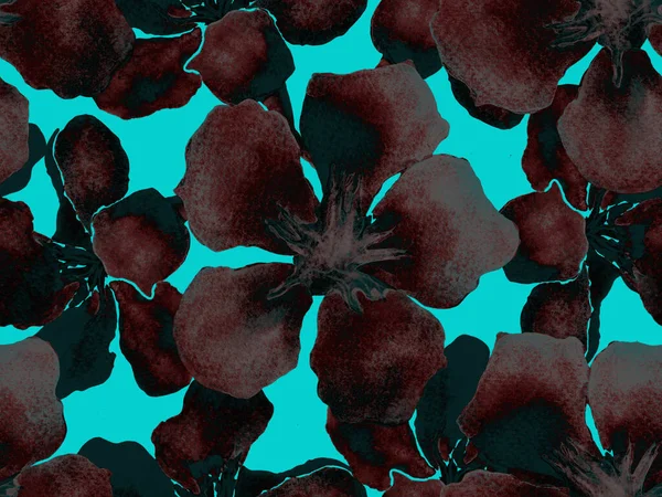 Hawaii suluboya deseni. Çivit mavisi, tropikal, dikişsiz iz. Hibiscus ve zakkum Hawaii 'de. Aloha mayo tasarımı. Egzotik buket moda illüstrasyonu. Suluboya yatay fayans.