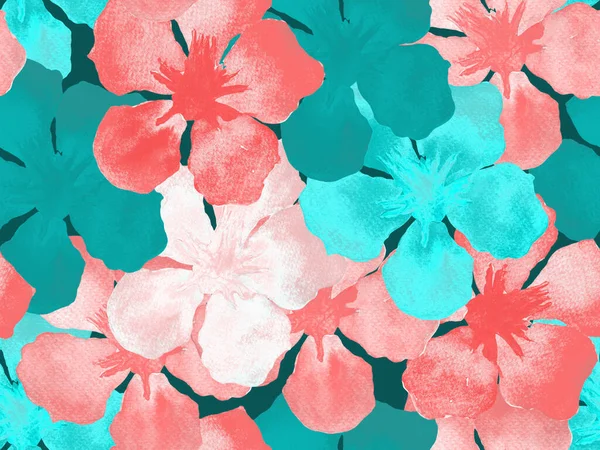 Hawaii suluboya deseni. Pembe kırmızı tropikal desensiz çiçek deseni. Hibiscus ve zakkum Hawaii 'de. Aloha mayo tasarımı. Egzotik buket moda illüstrasyonu. Suluboya yatay fayans.