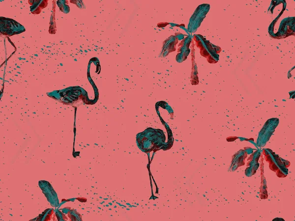 Grote Flamingo Hipster Rood Hawaiian Naadloos Patroon Zomer Tropische Vogels — Stockfoto