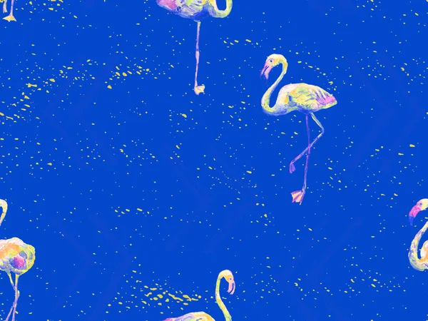 Velký Hipster Flamingo Modrý Havajský Bezešvý Vzor Jarní Syté Akvarelové — Stock fotografie