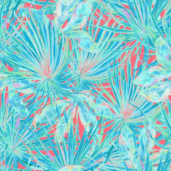 Tropical pattern. Watercolor exotic flowers and monstera leaves.  Red blue plants in seamless pattern.  Summer hawaiian watercolor background. Tropical palms, monsteras, hibiscus flowers print.