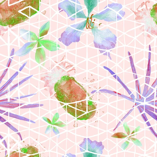 Εξωτική Γεωμετρία Αδιάλειπτη Μοτίβο Φύλλο Φοίνικα Ακουαρέλας Ανανά Λουλούδια Plumeria — Φωτογραφία Αρχείου