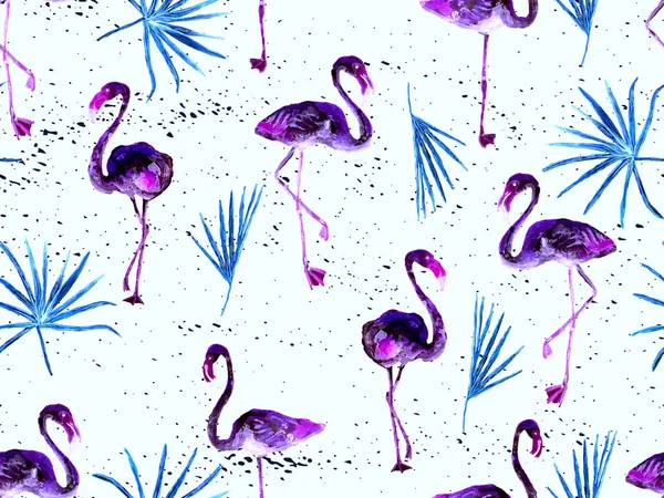 Velký Hipster Flamingo Modrý Havajský Bezešvý Vzor Jarní Syté Akvarelové — Stock fotografie