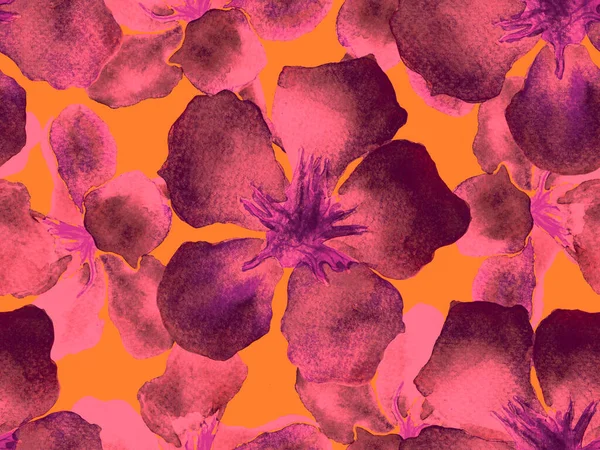 夏威夷水彩图案 粉色红花热带无缝印花 夏威夷的Hibiscus和Oleander阿罗哈泳衣设计 异国情调的花束时尚图解 水彩画水平瓷砖 — 图库照片