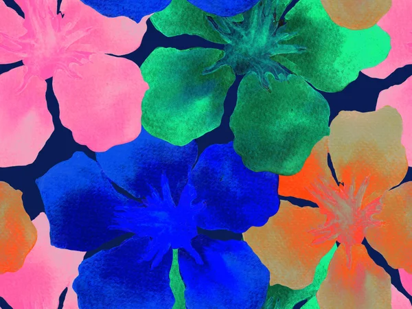 Hawaiiaans Aquarelpatroon Regenboog Bloemen Tropische Naadloze Print Hibiscus Oleander Hawaï — Stockfoto