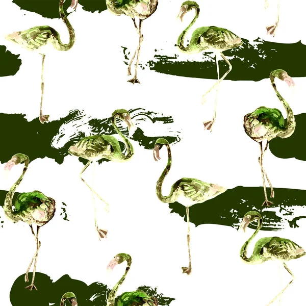 Φλαμίνγκο Μοτίβο Τροπικό Καλοκαιρινό Λευκό Πράσινο Αποτύπωμα Εξωτικό Φόντο Ύφασμα — Φωτογραφία Αρχείου