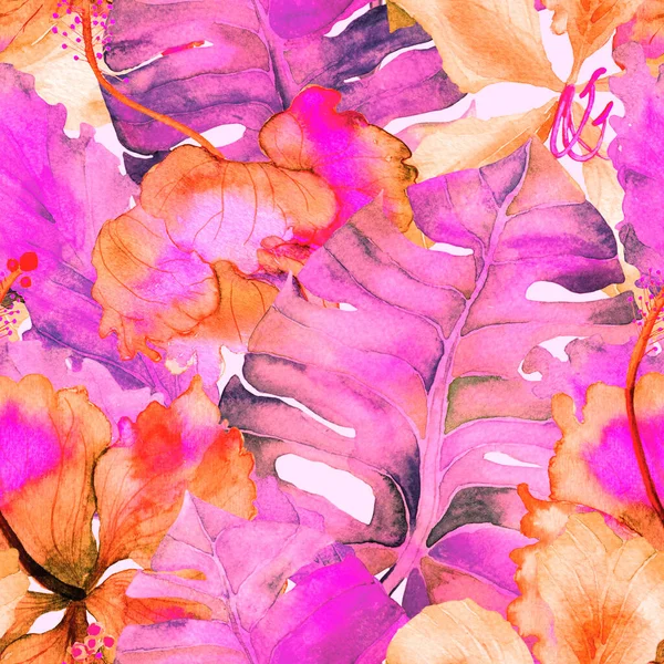 Tatil düzeni. Suluboya tropik çiçekler ve canavar yaprakları. Palm ve Hibiscus ormanları pürüzsüz. Yaz Hawaii suluboya geçmişi. Tropik palmiyeler, canavarlar, çiçek desenleri..