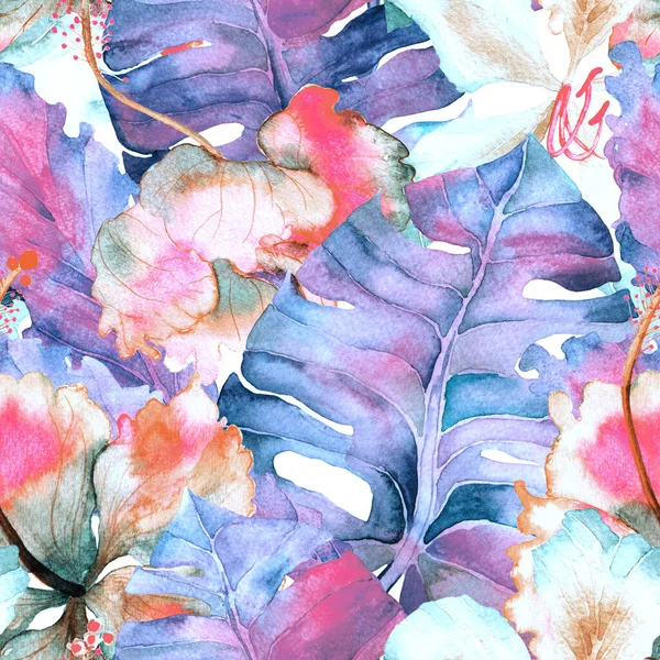 Yaz döngüsü. Suluboya tropik çiçekler ve canavar yaprakları. Palm ve Hibiscus ormanları pürüzsüz. Bahar Hawaii suluboya geçmişi. Avuç içleri, canavarlar, mayo izleri..