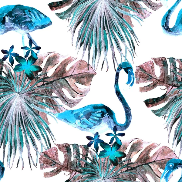 Flamingo Patroon Tropische Zomer Blauwe Rode Print Exotische Lente Monstera — Stockfoto