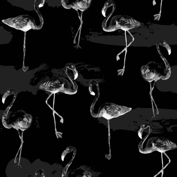 Flamingo deseni. Tropikal yaz siyah baskısı. Kuşlarla dolu egzotik bahar tekstil arka planı. Moda Hawai Ormanı tekrar eden pürüzsüz fayanslar. Çizgili botanik mayo tasarımı. Miami Vahşi Hayatı.