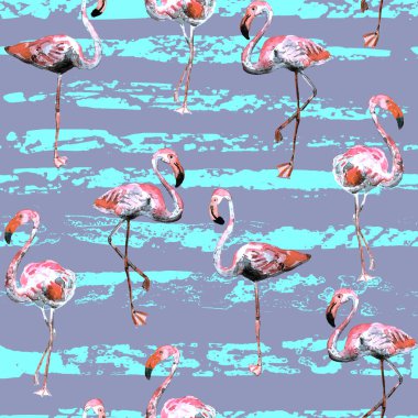 Flamingo deseni. Tropik yaz kırmızısı mavi iz. Kuşlarla dolu egzotik bahar tekstil arka planı. Moda Hawai Ormanı tekrar eden pürüzsüz fayanslar. Çizgili botanik mayo tasarımı. Miami Vahşi Hayatı.