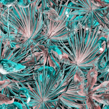 Flamingo deseni. Tropik yaz yeşili kırmızı iz. Kuşlarla dolu egzotik bahar tekstil arka planı. Moda Hawai Ormanı tekrar eden pürüzsüz fayanslar. Palm Botanik mayo tasarımı. Miami Vahşi Hayatı.