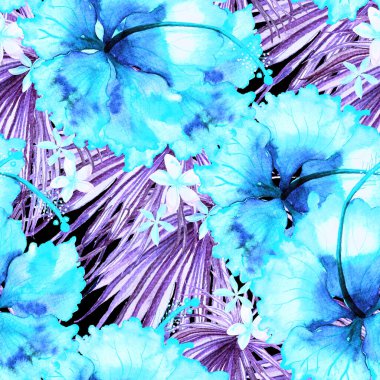 Tropikal desen. Suluboya egzotik çiçekler ve canavar yaprakları. Ultraviyole bitkiler kusursuz desende. Yaz Hawaii suluboya geçmişi. Tropik palmiyeler, canavarlar, çiçek desenleri..