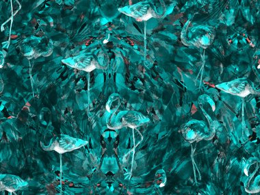 Boho flamingo soyut, kusursuz desen. Mavi çivit mavisi egzotik kuş dokusu. Suluboya bohem Fas baskısı. Mayo, soyut tropikal iç baskısı. Fırça darbesi arka plan