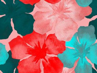 Hawaii suluboya deseni. Pembe kırmızı tropikal desensiz çiçek deseni. Hibiscus ve zakkum Hawaii 'de. Aloha mayo tasarımı. Egzotik buket moda illüstrasyonu. Suluboya yatay fayans.