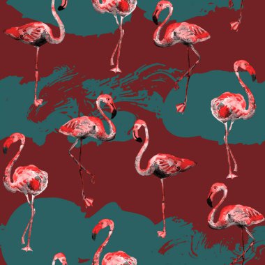 Flamingo deseni. Tropik yaz mavisi kırmızı iz. Kuşlarla dolu egzotik bahar tekstil arka planı. Moda Hawai Ormanı tekrar eden pürüzsüz fayanslar. Çizgili botanik mayo tasarımı. Miami Vahşi Hayatı.