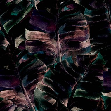 Tropikal desen. Suluboya egzotik çiçekler ve canavar yaprakları. Palm ve Hibiscus bitkileri kusursuz desende. Bahar Hawaii suluboya geçmişi. Tropik palmiyeler, canavarlar, çiçek desenleri..