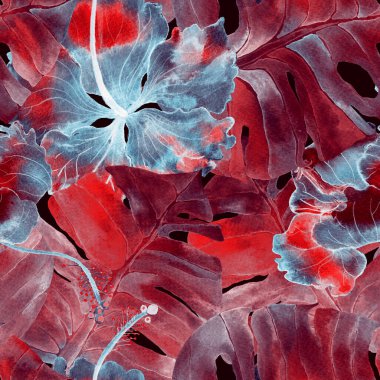 Egzotik desen. Suluboya tropik çiçekler ve canavar yaprakları. Palm ve Hibiscus ormanları pürüzsüz. Yaz Hawaii suluboya geçmişi. Tropik palmiyeler, canavarlar, çiçek desenleri..