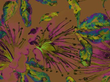 Bold Floral Print. Kahverengi Arkaplanda Geniş Ormansız Parmak izi, Kara Arkaplan. Büyük Hawaii Yaz Sulu Maracuja Sonsuz Arkaplan. Moda Kalın Çiçek Yazdırma.