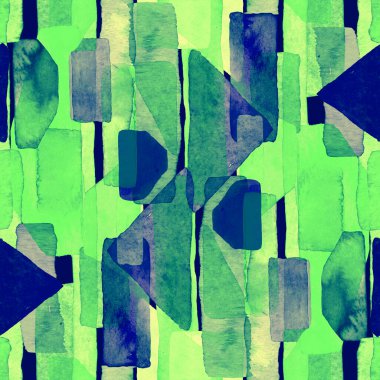 Bauhaus deseni. Yeşil geometrik, soyut, dikişsiz, sulu boya. Suluboya çizgili arka plan. Kaleydoskop çizgileri. Çağdaş sanat illüstrasyonu. Bauhaus grafik tasarımı. Moda dokusu