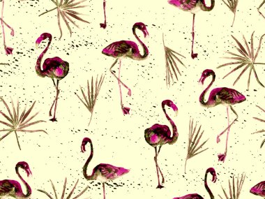 Büyük flamingo hippi kızıl Hawaii 'nin kusursuz deseni. İlkbahar suluboya tişört baskısı. Doymuş hippi mayo, tüylü kuşları olan fayanslar. Suluboya yatay fayans.