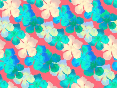 Hawaii suluboya deseni. Çivit mavisi, tropikal, dikişsiz iz. Hibiscus ve zakkum Hawaii 'de. Aloha mayo tasarımı. Egzotik buket moda illüstrasyonu. Suluboya yatay fayans.