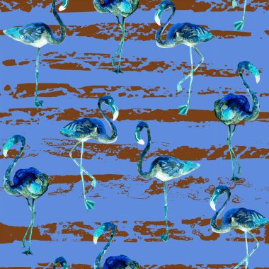 Flamingo deseni. Tropik yaz mavi beyaz baskısı. Kuşlarla dolu egzotik bahar tekstil arka planı. Moda Hawai Ormanı tekrar eden pürüzsüz fayanslar. Çizgili botanik mayo tasarımı. Miami Vahşi Hayatı.