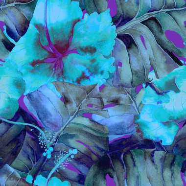 Yeşil Turkuaz Egzotik desen. Suluboya tropik yapraklar. Palm ve Hibiscus ormanları pürüzsüz. Bahar Hawaii suluboya geçmişi. Avuç içleri, canavarlar, mayo izleri..