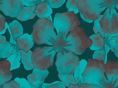 Hawaii suluboya deseni. Çivit mavisi, tropikal, dikişsiz iz. Hibiscus ve zakkum Hawaii 'de. Aloha mayo tasarımı. Egzotik buket moda illüstrasyonu. Suluboya yatay fayans.