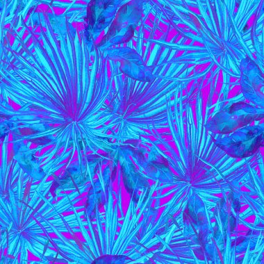 Tropikal desen. Suluboya egzotik çiçekler ve canavar yaprakları. Kırmızı mavi bitkiler pürüzsüz desende. Yaz Hawaii suluboya geçmişi. Tropik palmiyeler, canavarlar, çiçek desenleri..