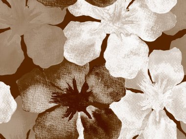 Hawaii suluboya deseni. Kahverengi siena çiçekli tropikal dikişsiz iz. Hibiscus ve zakkum Hawaii 'de. Aloha mayo tasarımı. Egzotik buket moda illüstrasyonu. Suluboya yatay fayans.