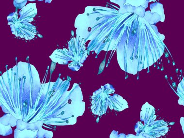 Cesur Çiçek Tasarımı. Mavi İndigo 'da Geniş Ormansız Parmak İzi. Büyük Egzotik Yaz Kova Lilikoi Sonsuz Geçmişi. Sanatsal Kalın Çiçek Tasarımı.