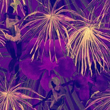 Yaz plajı deseni. Mayo giymiş insanlar egzotik palmiye, yaprak ve çiçeklerin arasında duruyorlar. Ultraviyole kız izi. Tropik Hawai suluboyası, pürüzsüz fayans. Bikini Miami, güneşlenen kızlar.. 