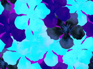 Hawaii suluboya deseni. Çivit mavisi, tropikal, dikişsiz iz. Hibiscus ve zakkum Hawaii 'de. Aloha mayo tasarımı. Egzotik buket moda illüstrasyonu. Suluboya yatay fayans.