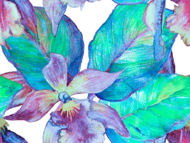 Suluboya Çiçek Geçmişi. Tropik Yaz Baskısı. Egzotik Hawaii Tasarımı. Tayland döşeme dokusu. Orkide Kusursuz Desen. Orkideli mayo baskısı, Palm Leaves. Mavi ve İndigo