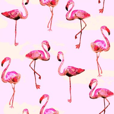 Flamingo deseni. Tropik yaz kırmızı pembe baskısı. Kuşlarla dolu egzotik bahar tekstil arka planı. Moda Hawai Ormanı tekrar eden pürüzsüz fayanslar. Çizgili botanik mayo tasarımı. Miami Vahşi Hayatı.