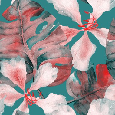 Egzotik desen. Suluboya tropik çiçekler ve canavar yaprakları. Palm ve Hibiscus bitkileri kusursuz desende. Yaz Hawaii suluboya geçmişi. Avuç içleri, canavarlar, mayo izleri..